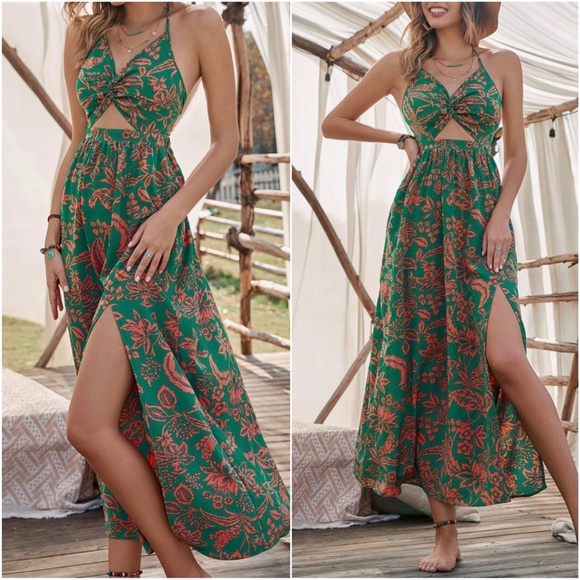 Boho Blue Floral Print Cut out Halter Maxi Dress - Picture 5 of 9